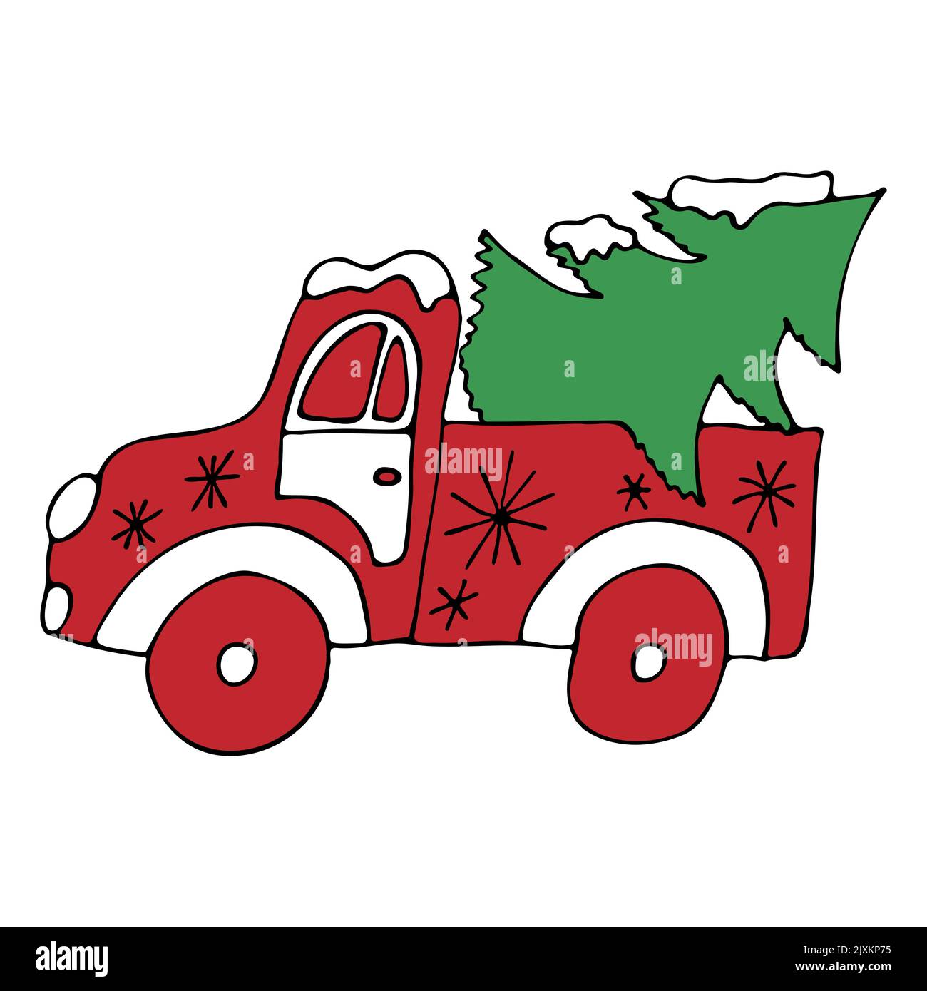 Camion de Noël avec un arbre de Noël. Camion de Noël rouge avec un arbre de Noël vert dessiné à la main sur un fond blanc. Illustration vectorielle. Illustration de Vecteur