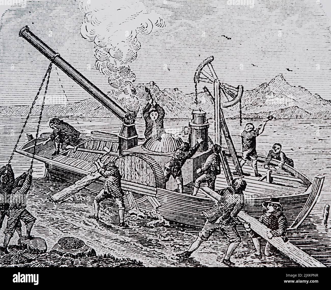Illustration représentant les ouvriers de Weser qui détruisent le bateau à vapeur de Denis Papin. Denis Papin (1647-1713) psyché, mathématicien et inventeur français. Daté du 18th siècle Banque D'Images