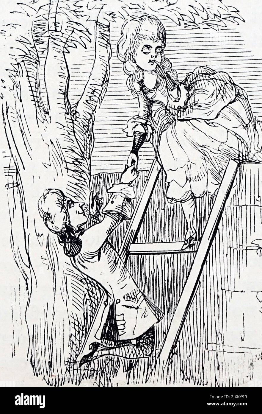 Dessin animé représentant un couple grimpant au-dessus d'une clôture pour qu'ils puissent s'olope. Daté du 19th siècle Banque D'Images