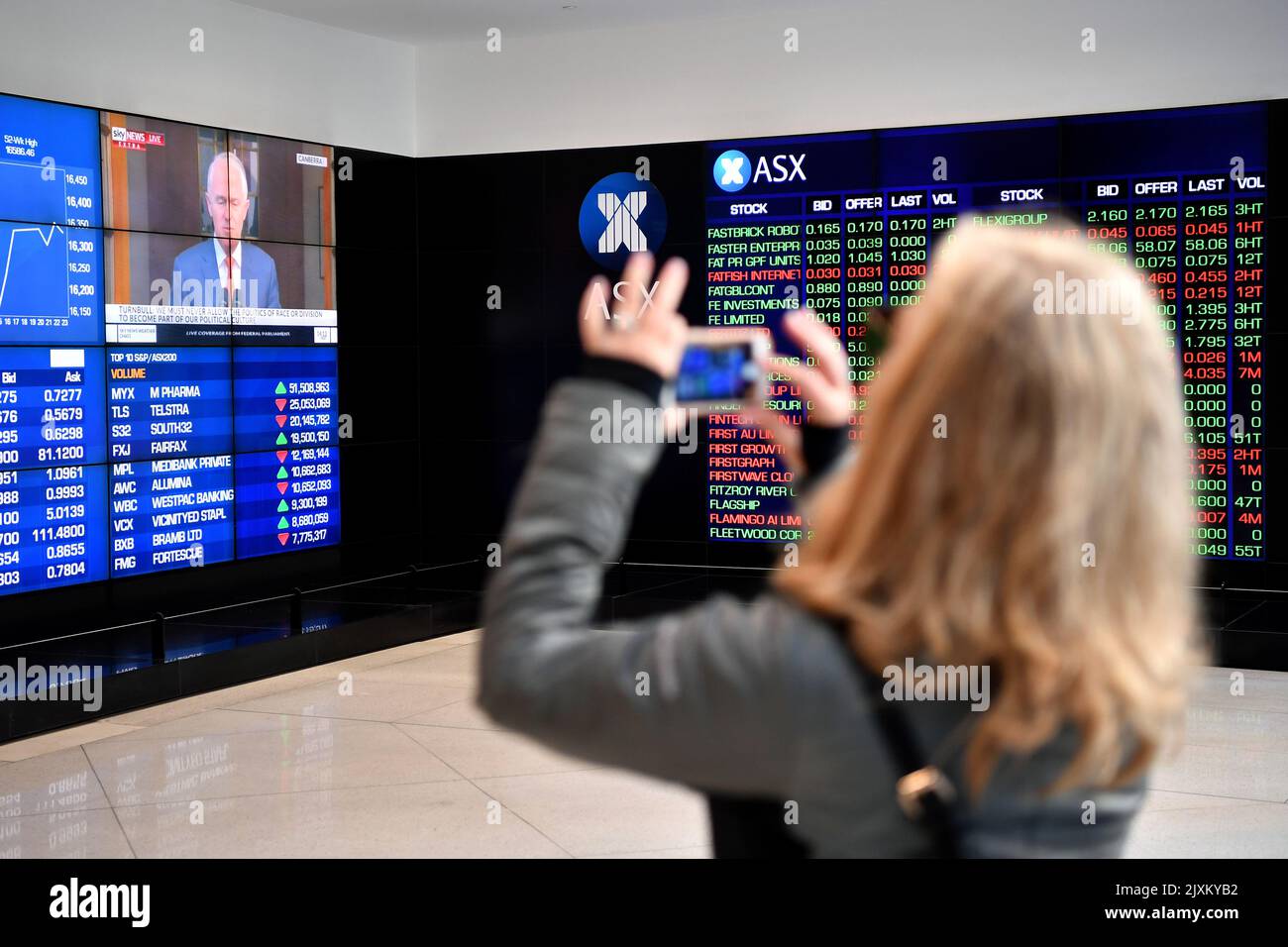Une femme prend une photo d'un écran de télévision à la Bourse australienne montrant le premier ministre sortant Malcolm Turnbull alors qu'il parle aux médias lors d'une conférence de presse à Canberra à Sydney, vendredi, 24 août 2018. (AAP image/Joel Carrett) Banque D'Images
