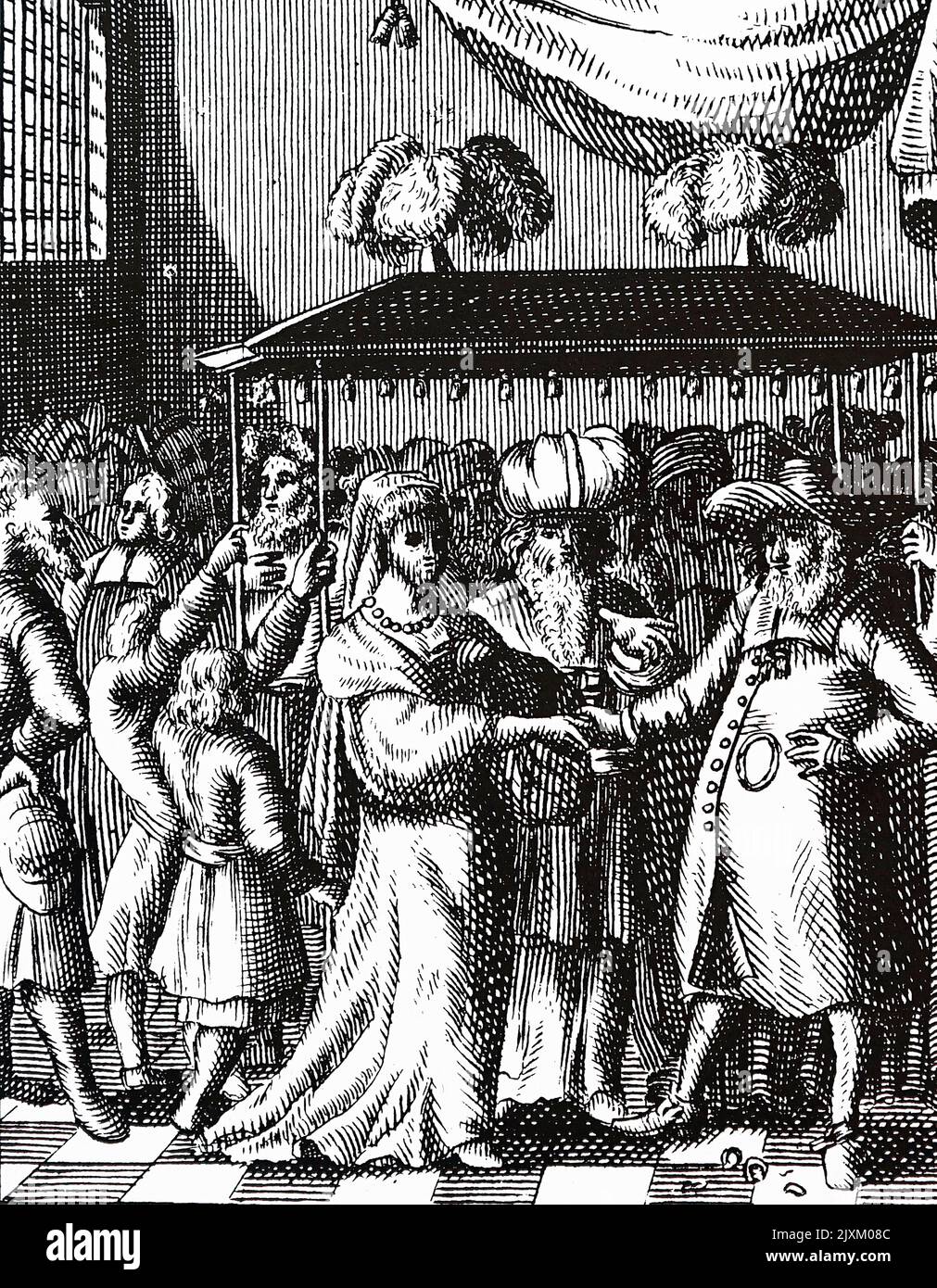 Imprimé bois représentant un mariage royal. Daté du 18th siècle Banque D'Images