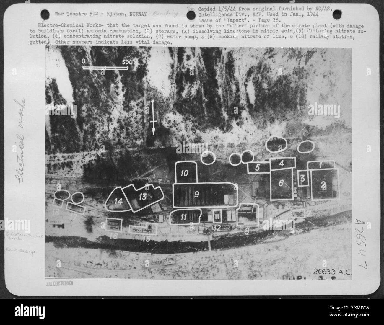 Electro-Chemical Works - que l'objectif a été trouvé est montré par l'image "après" de l'usine de nitrate (avec des dommages aux bâtiments pour (1) combustion d'ammoniac, (2) stockage, (4) dissolution de calcaire dans l'acide nitrique, (5) filtrage de nitrate ainsi éviscéré). Autre Banque D'Images