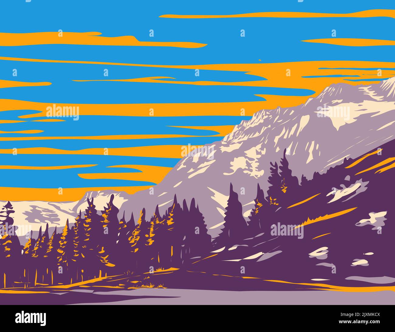 Affiche WPA art de Phipps Peak dans la Sierra Nevada à l'ouest d'Emerald Bay et Lake Tahoe El Dorado County Californie en travaux style d'administration de projet. Banque D'Images Affiche WPA art de Phipps Peak dans la Sierra Nevada à l'ouest d'Emerald Bay et Lake Tahoe El Dorado County Californie en travaux style d'administration de projet. Banque D'Images