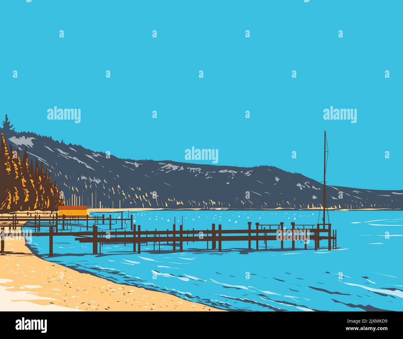 Affiche WPA art de McKinney Bay sur le lac Tahoe dans le comté de placer dans les montagnes de la Sierra Nevada Californie fait en travaux style d'administration de projet. Banque D'Images Affiche WPA art de McKinney Bay sur le lac Tahoe dans le comté de placer dans les montagnes de la Sierra Nevada Californie fait en travaux style d'administration de projet. Banque D'Images