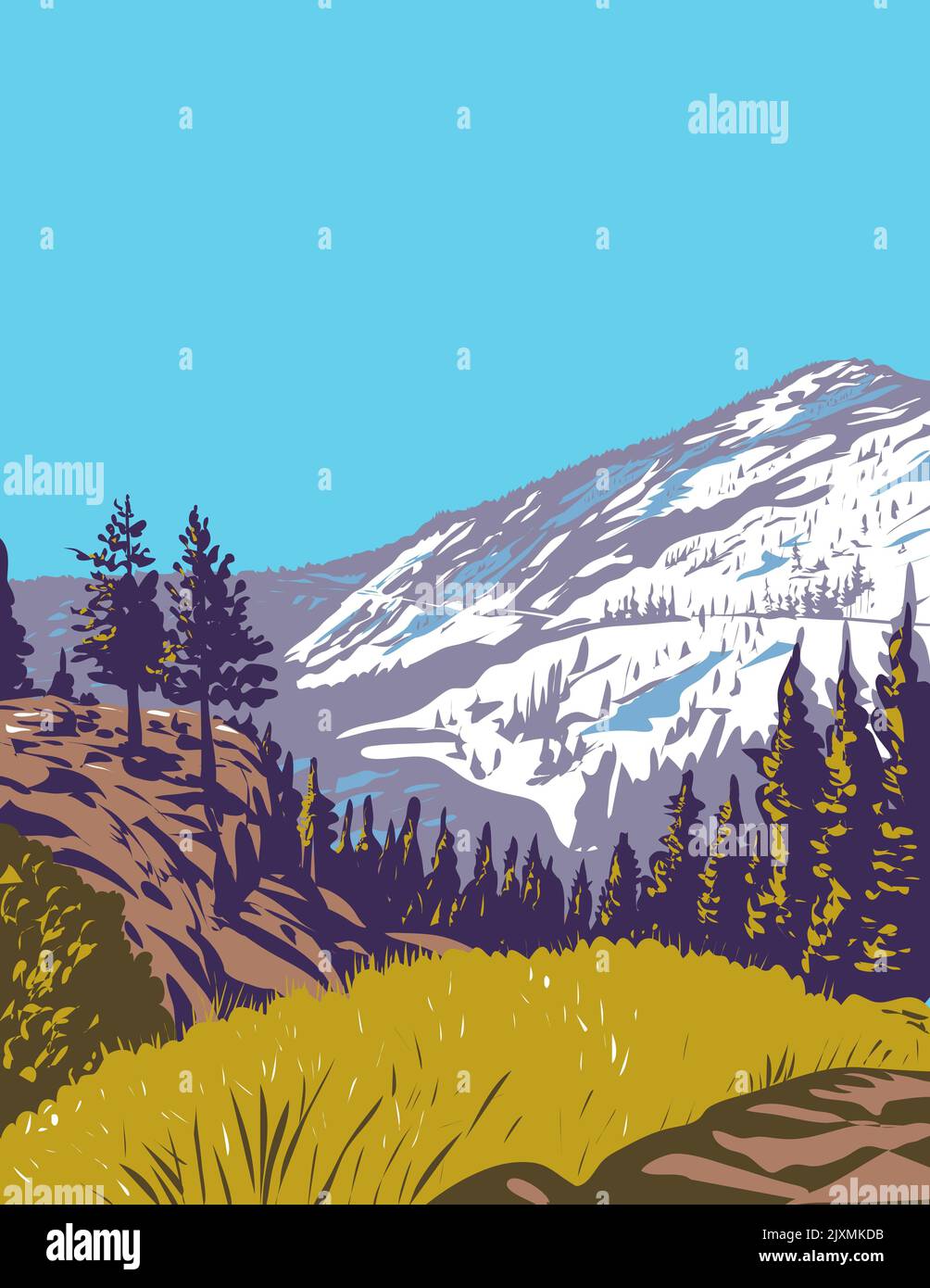 Affiche WPA de Phipps Peak dans la Sierra Nevada et le lac Tahoe dans la région sauvage de la Désolation, Californie, États-Unis dans le style d'administration de projet de travaux. Banque D'Images Affiche WPA de Phipps Peak dans la Sierra Nevada et le lac Tahoe dans la région sauvage de la Désolation, Californie, États-Unis dans le style d'administration de projet de travaux. Banque D'Images