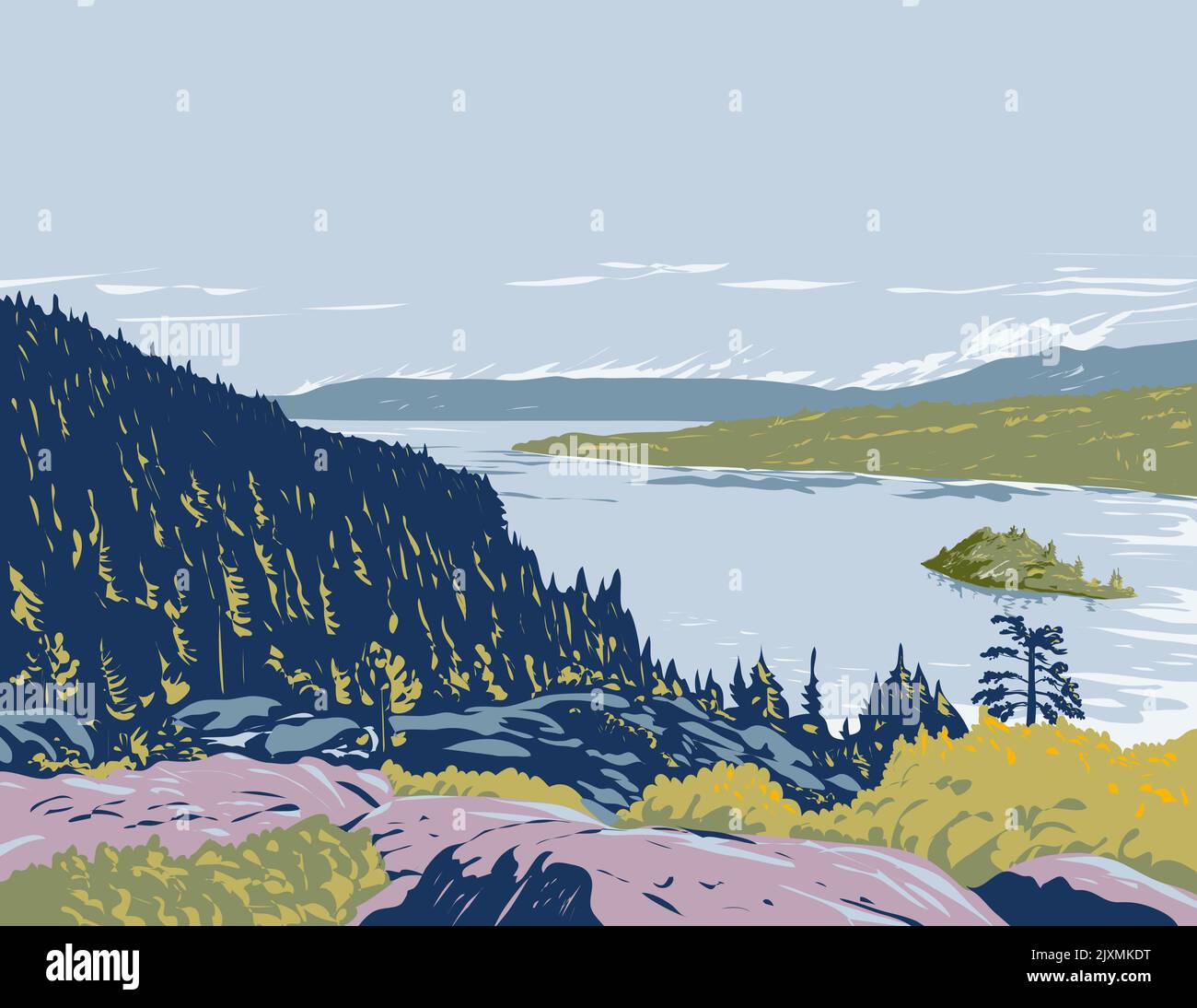 Affiche d'art WPA de l'île Fannette dans le lac Tahoe dans le parc d'état d'Emerald Bay en Californie U dans le style d'administration de projet de travaux. Banque D'Images Affiche d'art WPA de l'île Fannette dans le lac Tahoe dans le parc d'état d'Emerald Bay en Californie U dans le style d'administration de projet de travaux. Banque D'Images