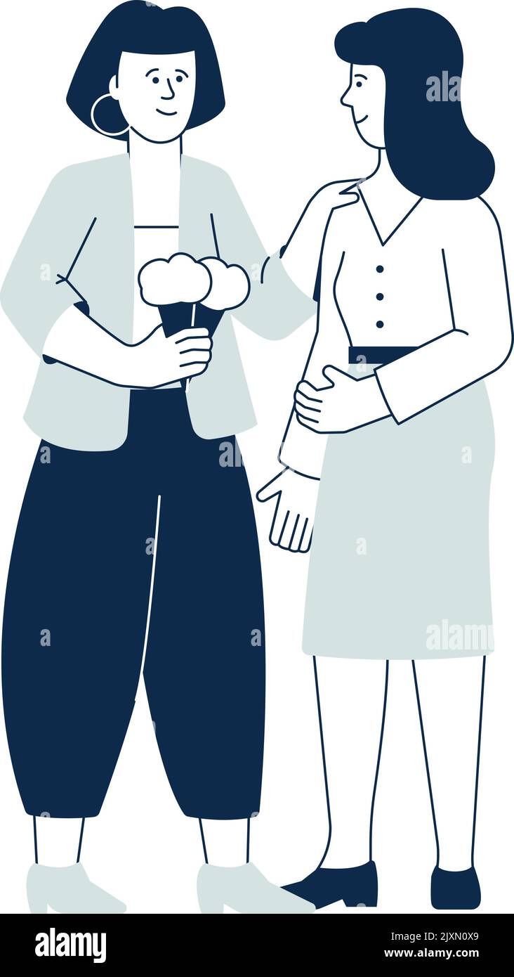 Deux femmes mangeant de la crème glacée ensemble. Relation féminine Illustration de Vecteur