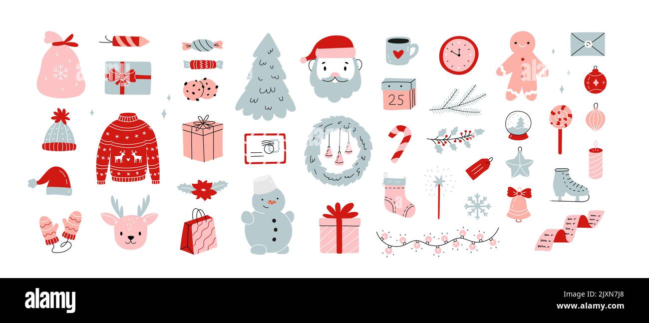 Articles de Noël en forme de doodle plate. Personnages et cadeaux du nouvel an pour cartes postales, textiles, bannières, Web design, scrapbooking Illustration de Vecteur