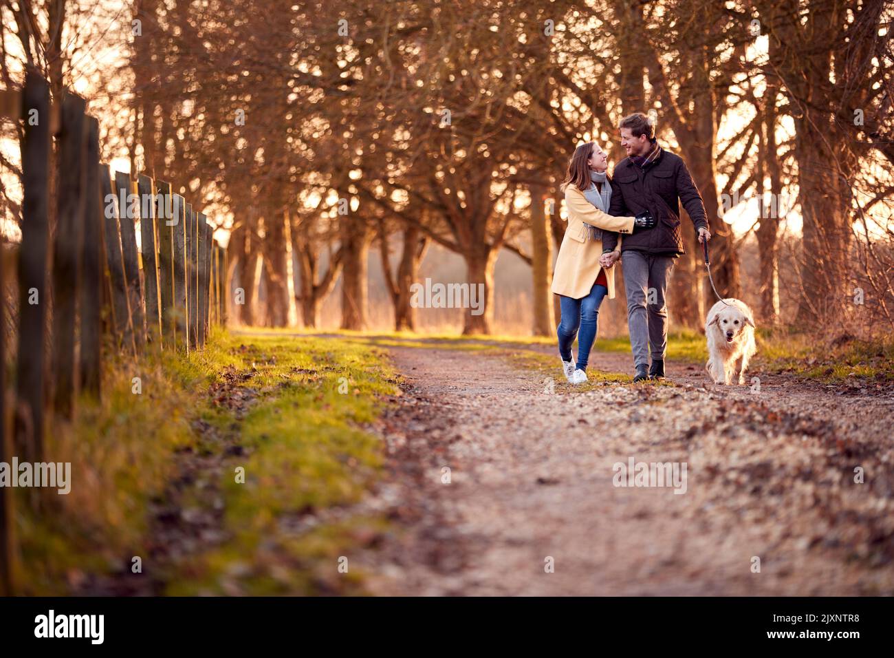 Couple avec une femme avec une main prothétique chien de marche d'animal de compagnie à travers la campagne d'hiver ou d'automne Banque D'Images