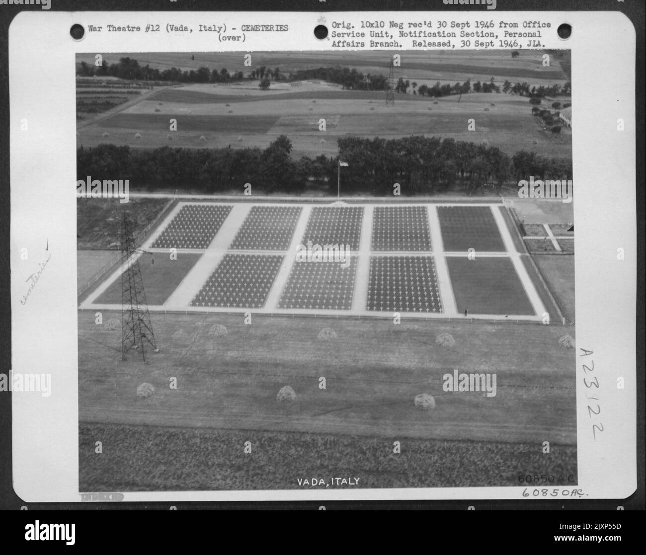 Cimetière militaire américain de Vada, Italie. Il est situé à environ A 2 km de la mer de Thyrrhénienne et à 35 km au sud de Loghorn. Le 1st Solider américain qui devait être enterré ici était le 20 juin 1944. Banque D'Images