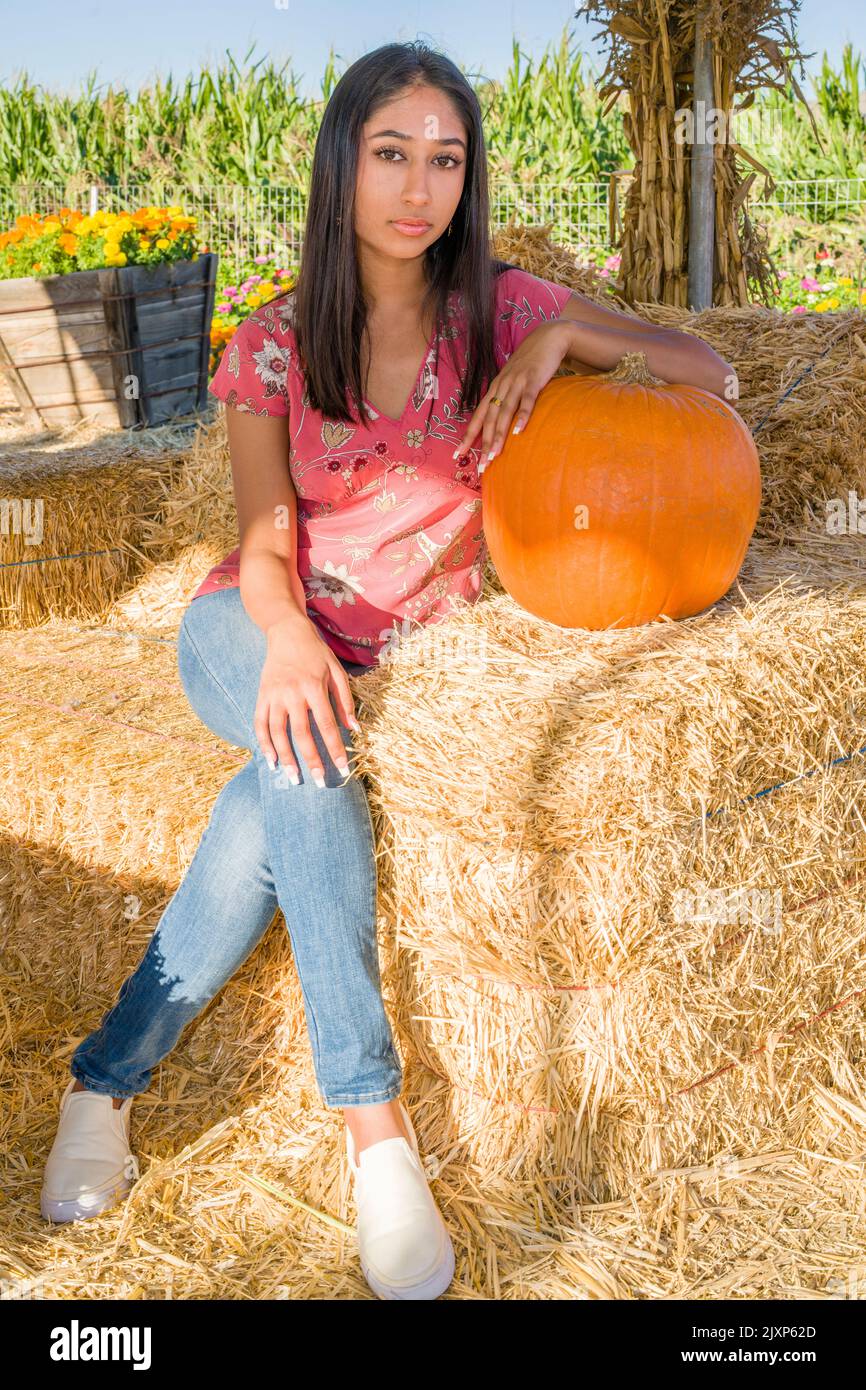 Célébration d'automne Portrait d'une jeune femme asiatique assise sur une chaise de paille avec une citrouille Banque D'Images