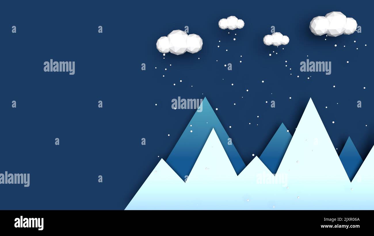 Paysage de montagne d'hiver - illustration moderne plate. Panorama des paysages d'hiver avec des nuages et de la neige qui tombe au-dessus. Thème de Noël utilisable comme Grétin Banque D'Images