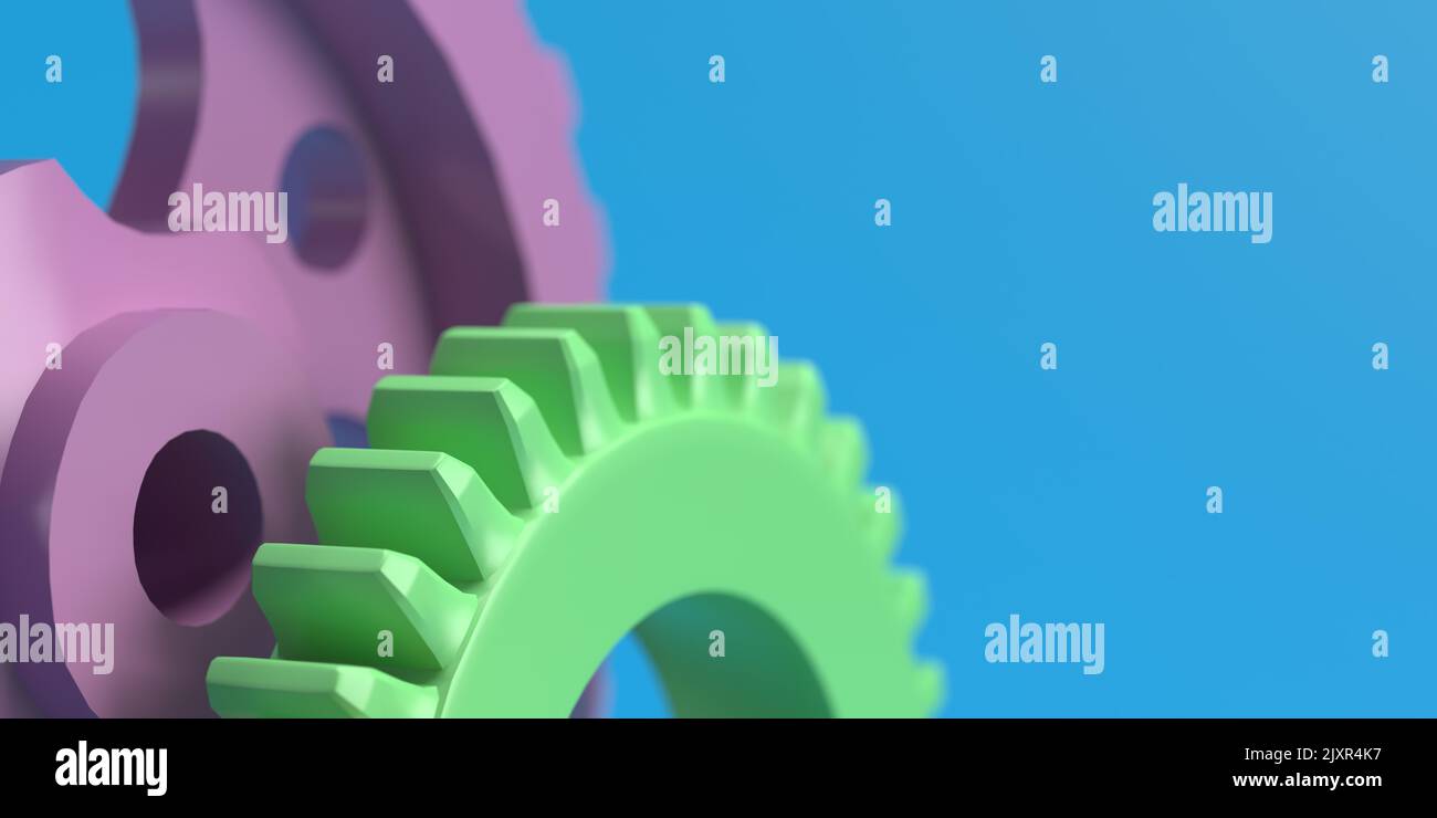 Icônes de roue dentée sur fond bleu, espace de copie vide. Concept de travail d'équipe d'ingénierie, gros plan. Rendu minimal de la conception de roue dentée de procédé de style dessin animé 3D Banque D'Images Icônes de roue dentée sur fond bleu, espace de copie vide. Concept de travail d'équipe d'ingénierie, gros plan. Rendu minimal de la conception de roue dentée de procédé de style dessin animé 3D Banque D'Images