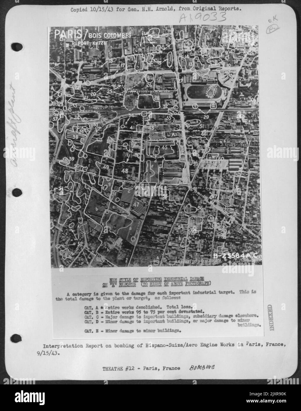 NOUVEAU STYLE DE DÉCLARATION DES DOMMAGES INDUSTRIELS SUR LES RAPPORTS 'K' (À DROITE DE LA PHOTO CI-DESSUS) Une catégorie est donnée aux dommages pour chaque cible industrielle importante. Il s'agit du dommage total causé à l'usine ou à la cible, comme suit : Banque D'Images