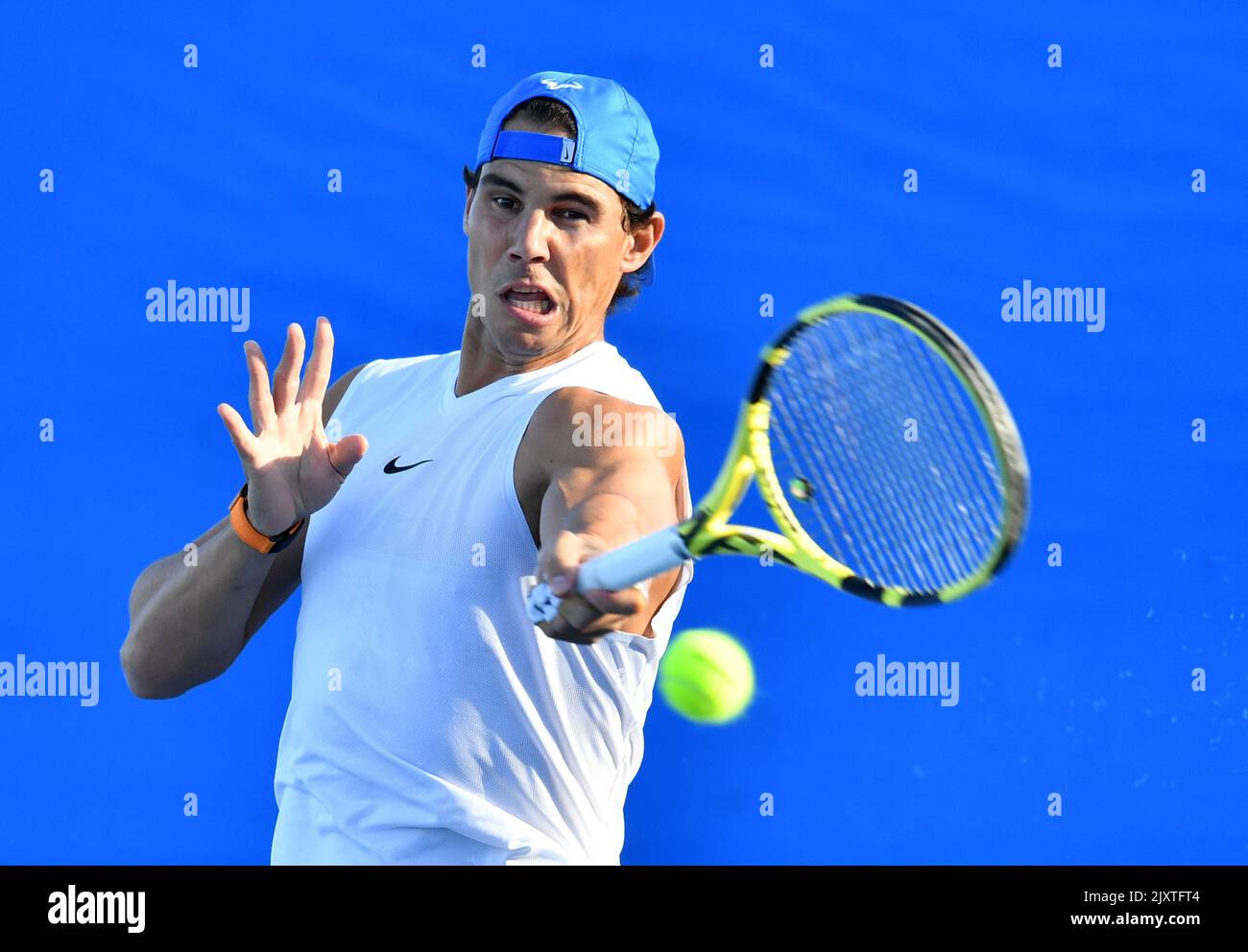 Rafael Nadal d'Espagne est vu lors d'une séance d'entraînement le premier  jour du tournoi international de tennis de Brisbane au Queensland tennis  Centre à Brisbane, lundi, 31 décembre 2018. (AAP image/Darren Angleterre