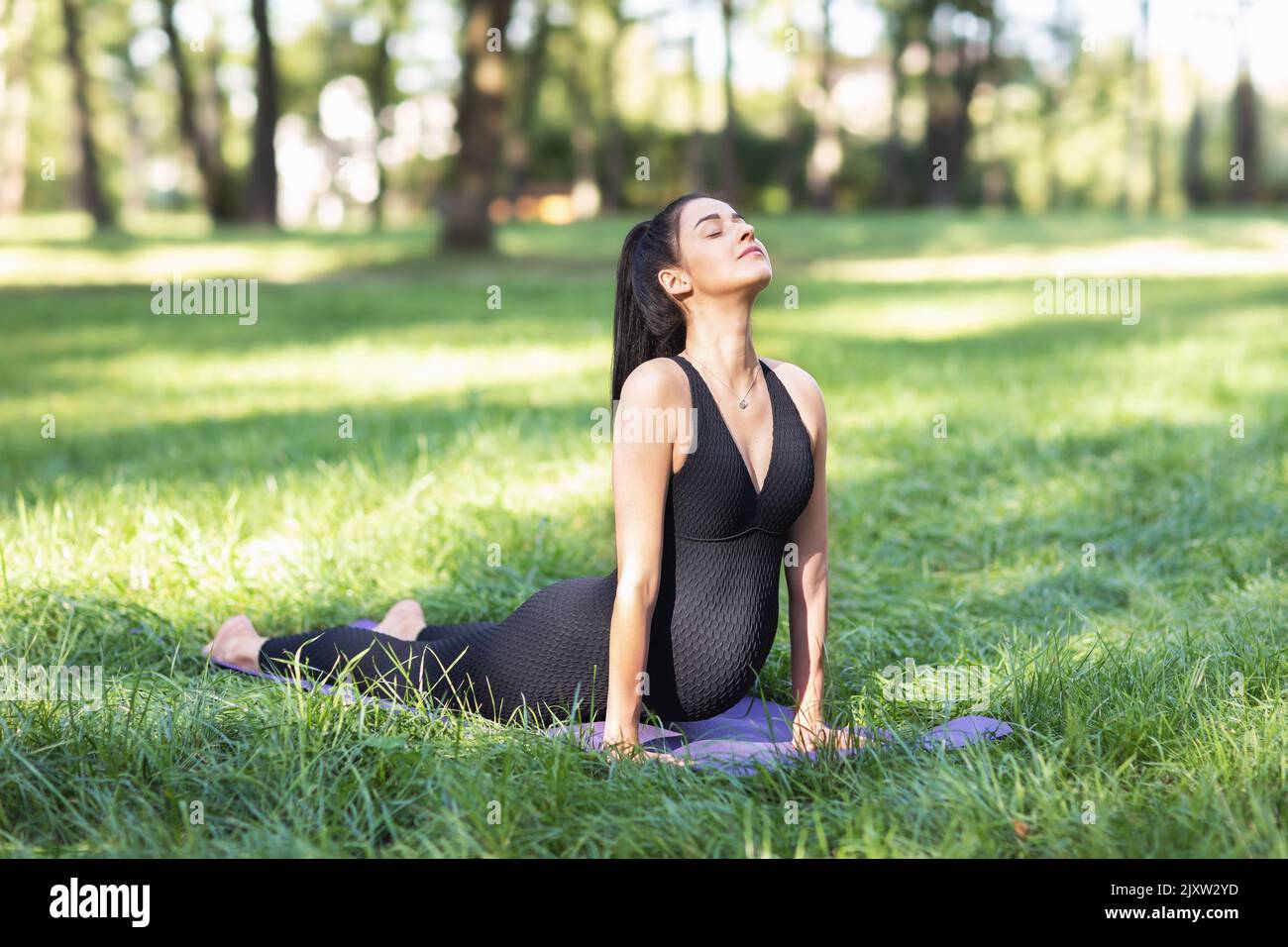Jeune femme enceinte dans les sports noirs combinaison pratiquant le yoga faisant Urdhva Mukha Svanasana exercice, face vers le haut posture de chien, s'exerçant sur un tapis dans un Banque D'Images