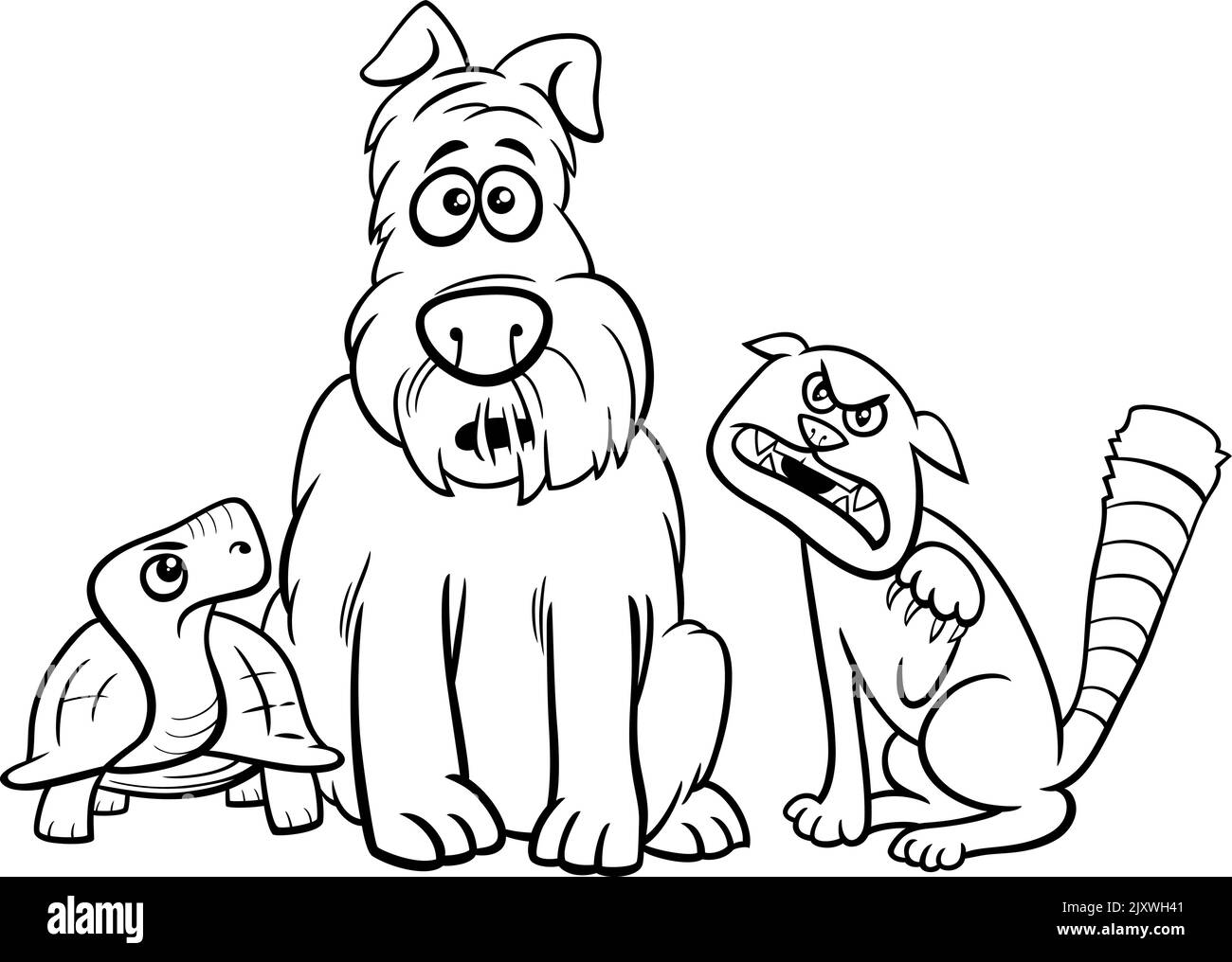 Illustration de dessin animé noir et blanc de caractère animal de chien drôle avec page de coloration de chat et de tortue Illustration de Vecteur
