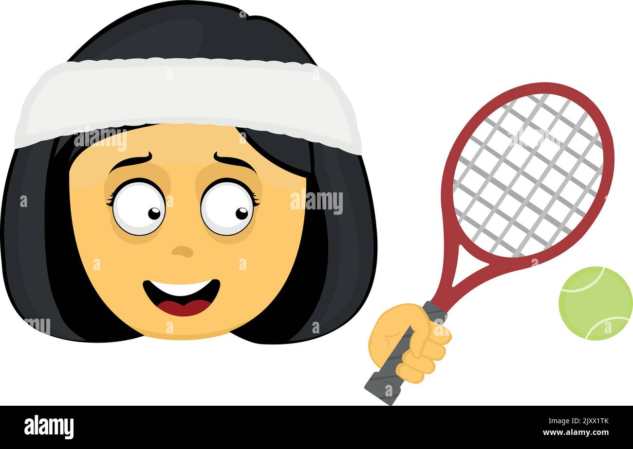 Illustration vectorielle d'une femme de dessin animé émoji jaune avec un serre-tête, une raquette et une balle de tennis Illustration de Vecteur