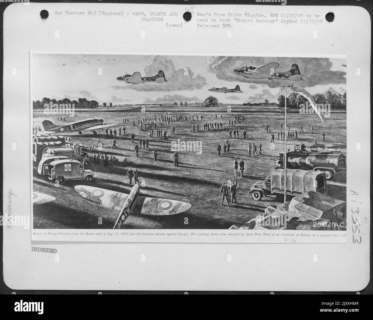 Retour de Flying Oftress du raid de Rouen du 17 août 1942 première mission américaine contre l'Europe. La peinture montre la scène observée par l'artiste Peter Hurd comme un aérodrome en Grande-Bretagne. Il est réimprimé de la vie. Banque D'Images