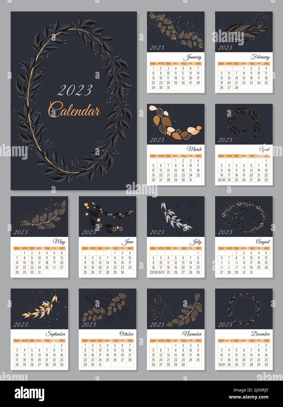 Calendrier vertical A4 moderne et élégant feuillage 2023. Illustration de Vecteur