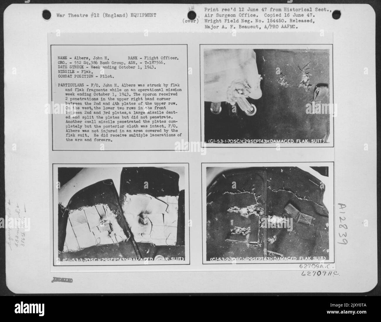 Sporon porté par le F/O John H. Alberts, pilote de l'escadron de la bombe 552nd, 386th Bomb Group, 8th Air Force, lorsqu'il a été frappé par des fragments de Flak et Flak pendant une semaine de mission opérationnelle se terminant le 1 octobre 43. Banque D'Images