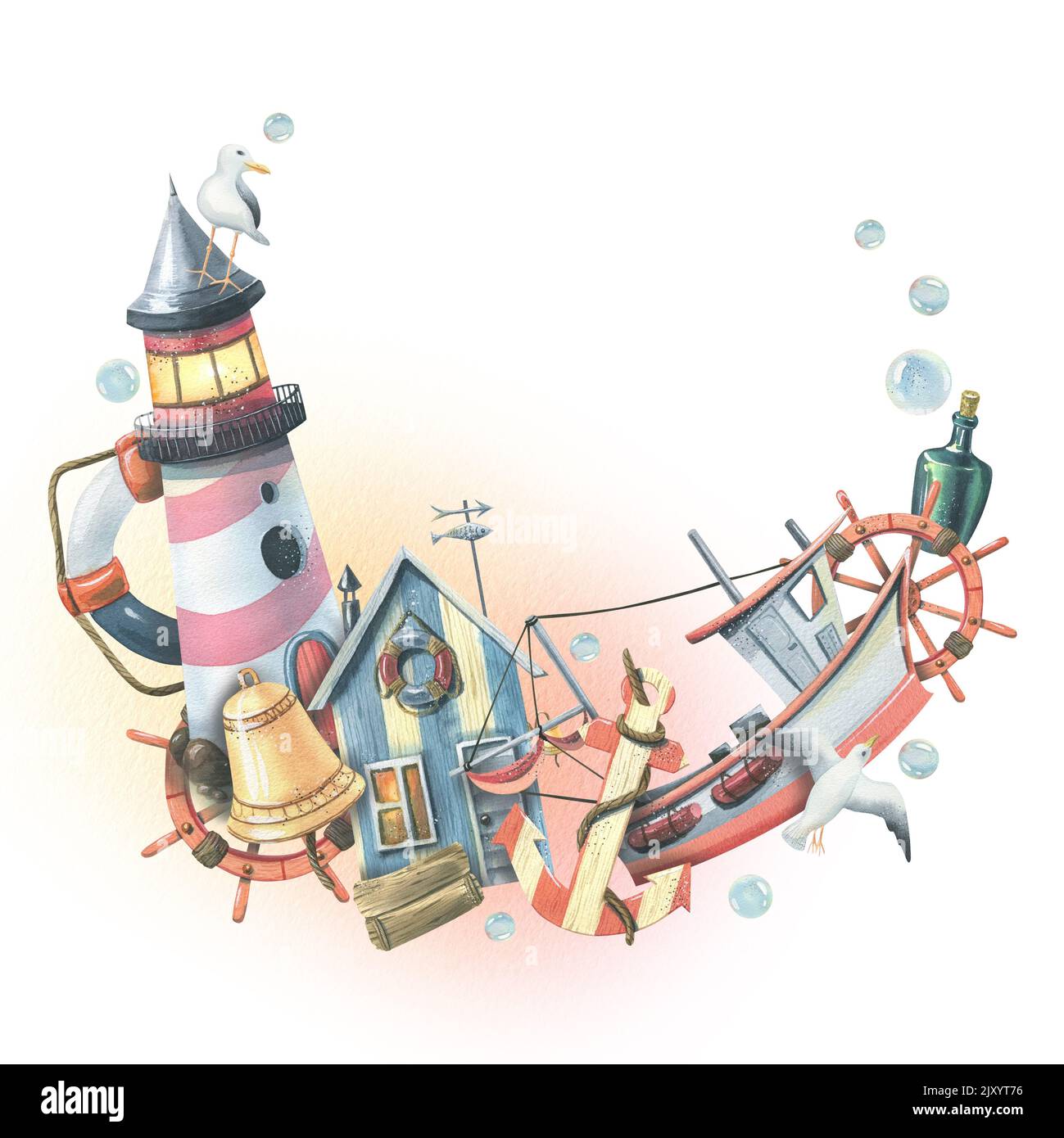 Cadre avec un phare de mer, pêche, maison de plage, bateau, volant, ancrage et mouettes. Illustration aquarelle. Pour la décoration et la conception de Banque D'Images