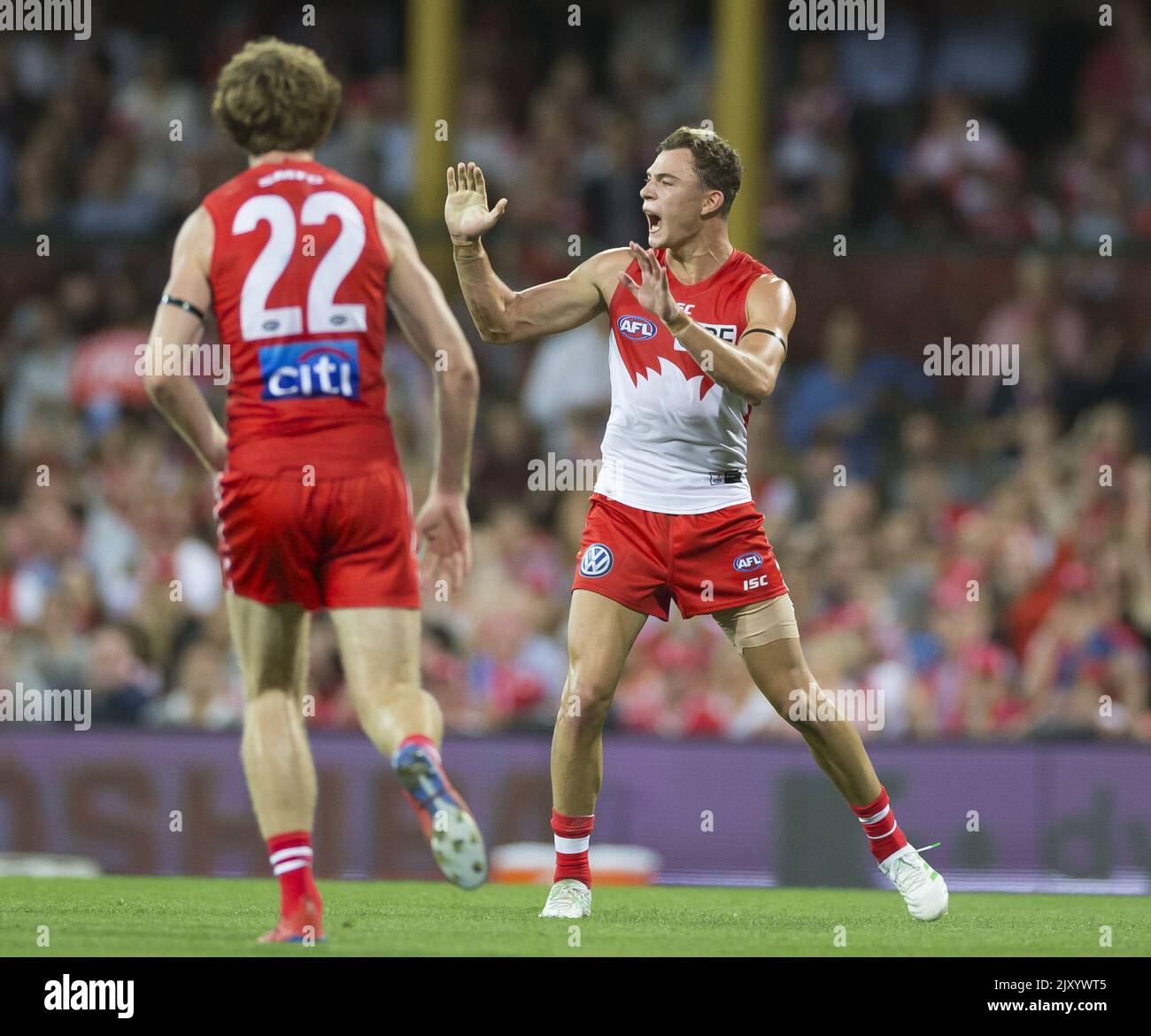Will Hayward of the Swans célèbre après avoir fixé un but lors du match de la série 2 de l'AFL entre les Swans de Sydney et les Adelaide Crows au SCG à Sydney, vendredi, 29 mars 2019. (AAP image/Craig Golding) Banque D'Images