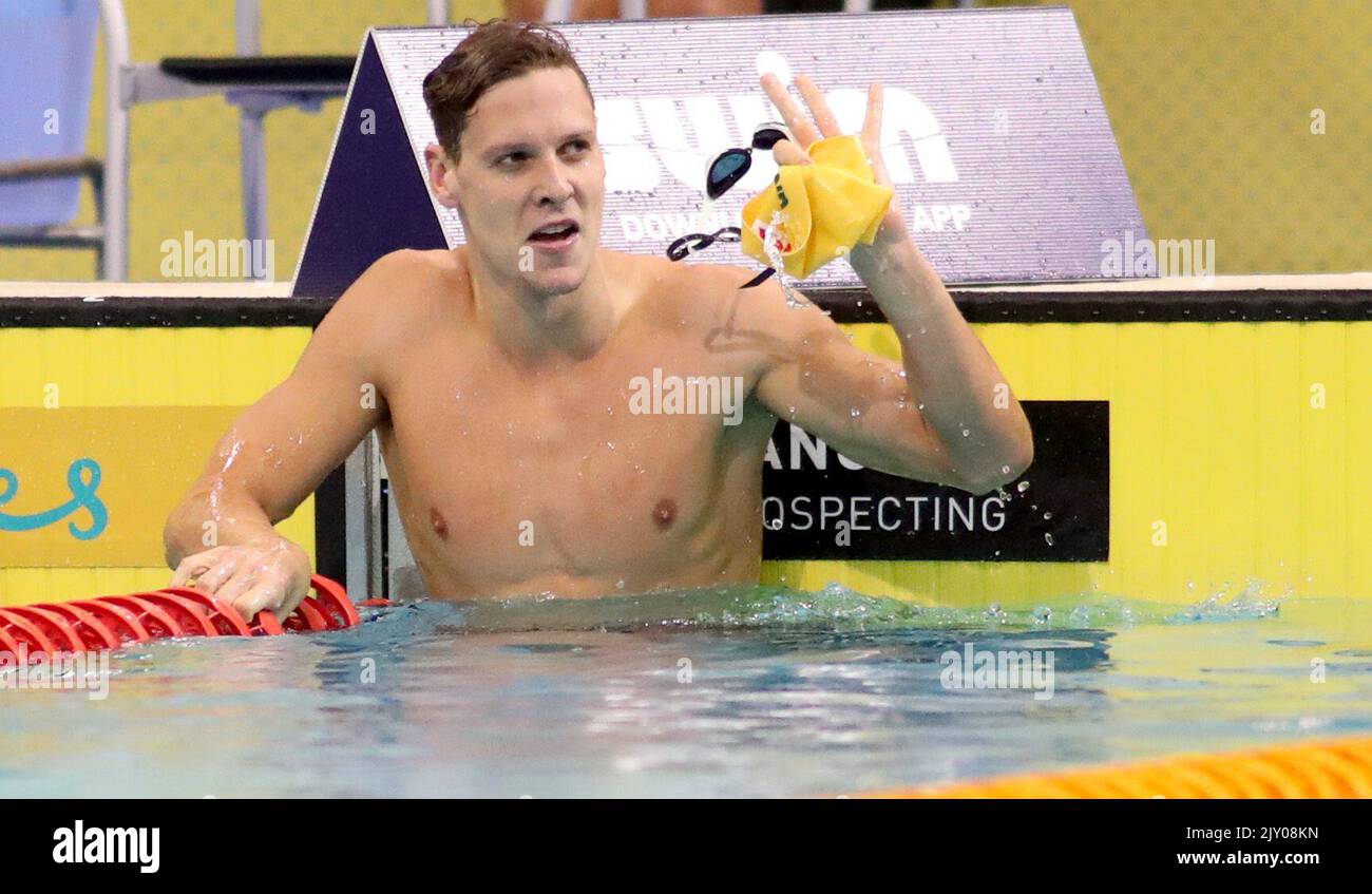 Mitch Larkin participe au medley individuel masculin de 200m le troisième jour des Championnats australiens de natation au Centre aquatique et de loisirs d'Australie méridionale à Adélaïde, mardi, 9 avril 2019. (AAP image/Kelly Barnes) Banque D'Images