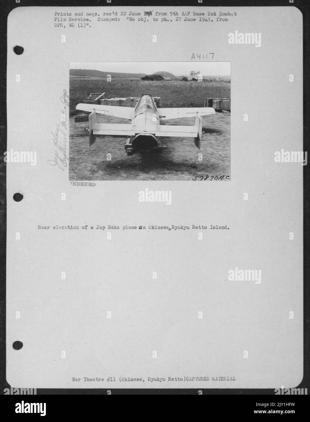 Élévation arrière d'Un avion japonais de Baka sur Okinawa, île de Ranukyu Retto. Banque D'Images