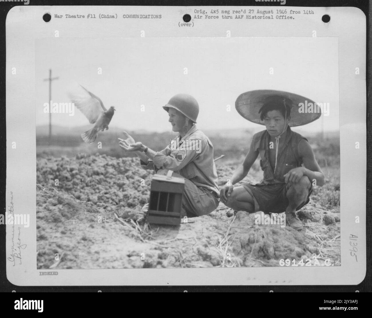Un pigeon de rentage revient à Un sergent dans le corps des transmissions. Les Pigeons se sont révélés précieux et, dans plusieurs cas, ont en fait sauvé des vies d'équipes d'bombardiers forcées sur le chemin de la base d'origine. Chine, 21 novembre 1944. Banque D'Images Un pigeon de rentage revient à Un sergent dans le corps des transmissions. Les Pigeons se sont révélés précieux et, dans plusieurs cas, ont en fait sauvé des vies d'équipes d'bombardiers forcées sur le chemin de la base d'origine. Chine, 21 novembre 1944. Banque D'Images