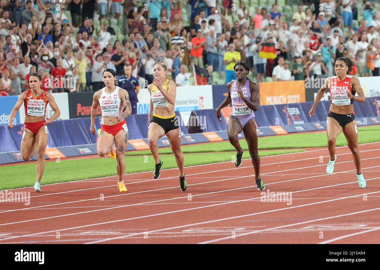 PÉREZ Maria Isabel d'Espagne , SWOBODA Ewa de Bologne , LÜCKENKEMPER Gina d'Allemagne , NEITA Daryll de Grande-Bretagne et KAMBUNDJI Mujinga de Suisse 100 m finale des femmes lors des Championnats d'athlétisme européens 2022 sur 15 août 2022 à Munich, Allemagne - photo Laurent Lairys / DPPI Banque D'Images