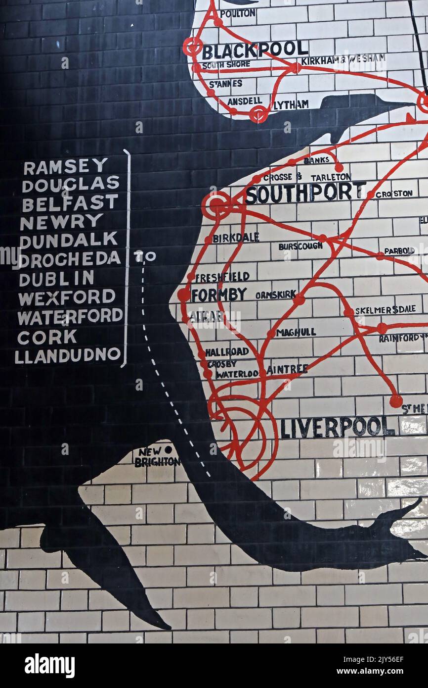 Ancienne carte d'itinéraire en tuiles, gare de Victoria, Manchester, Angleterre, Royaume-Uni, m3 1WY - North West routes, Liverpool, Southport, Blackpool Banque D'Images