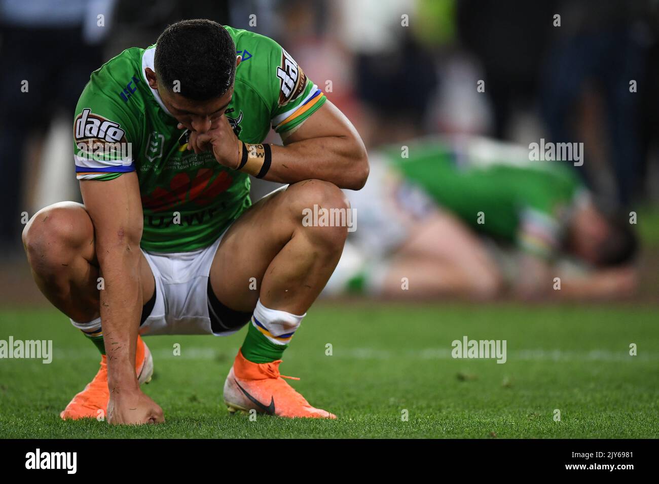 Les joueurs de Canberra Raiders réagissent après avoir perdu la finale de la NRL 2019 entre les Canberra Raiders et les Sydney Roosters au stade ANZ de Sydney, dimanche, 6 octobre 2019. (AAP IMAGE/DEAN LEWINS) PAS D'ARCHIVAGE, USAGE ÉDITORIAL SEULEMENT ** USAGE STRICTEMENT ÉDITORIAL SEULEMENT, PAS D'UTILISATION COMMERCIALE, PAS DE LIVRES ** Banque D'Images