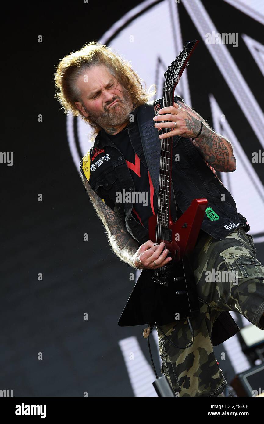 Rio de Janeiro, Brésil, 2 septembre 2022. Le guitariste Phil Demmel lors d'un concert du groupe américain de métaux lourds Metal Allegiance at Rock à Rio 2022 Banque D'Images