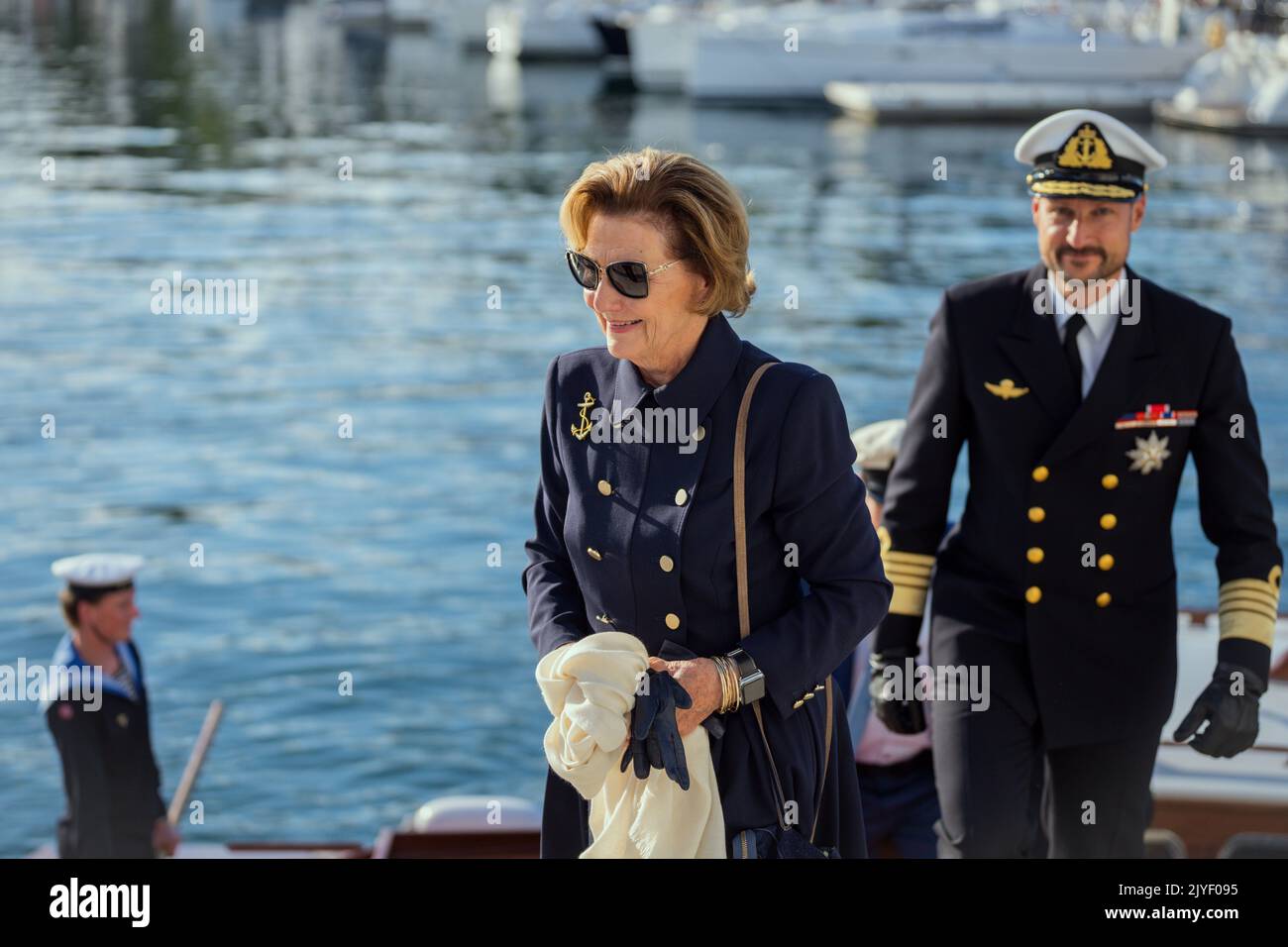 Oslo 20220907.le roi Harald débarque le navire royal. La reine Sonja et le prince héritier Haakon sont là. Photo: Beate Oma Dahle / NTB Banque D'Images