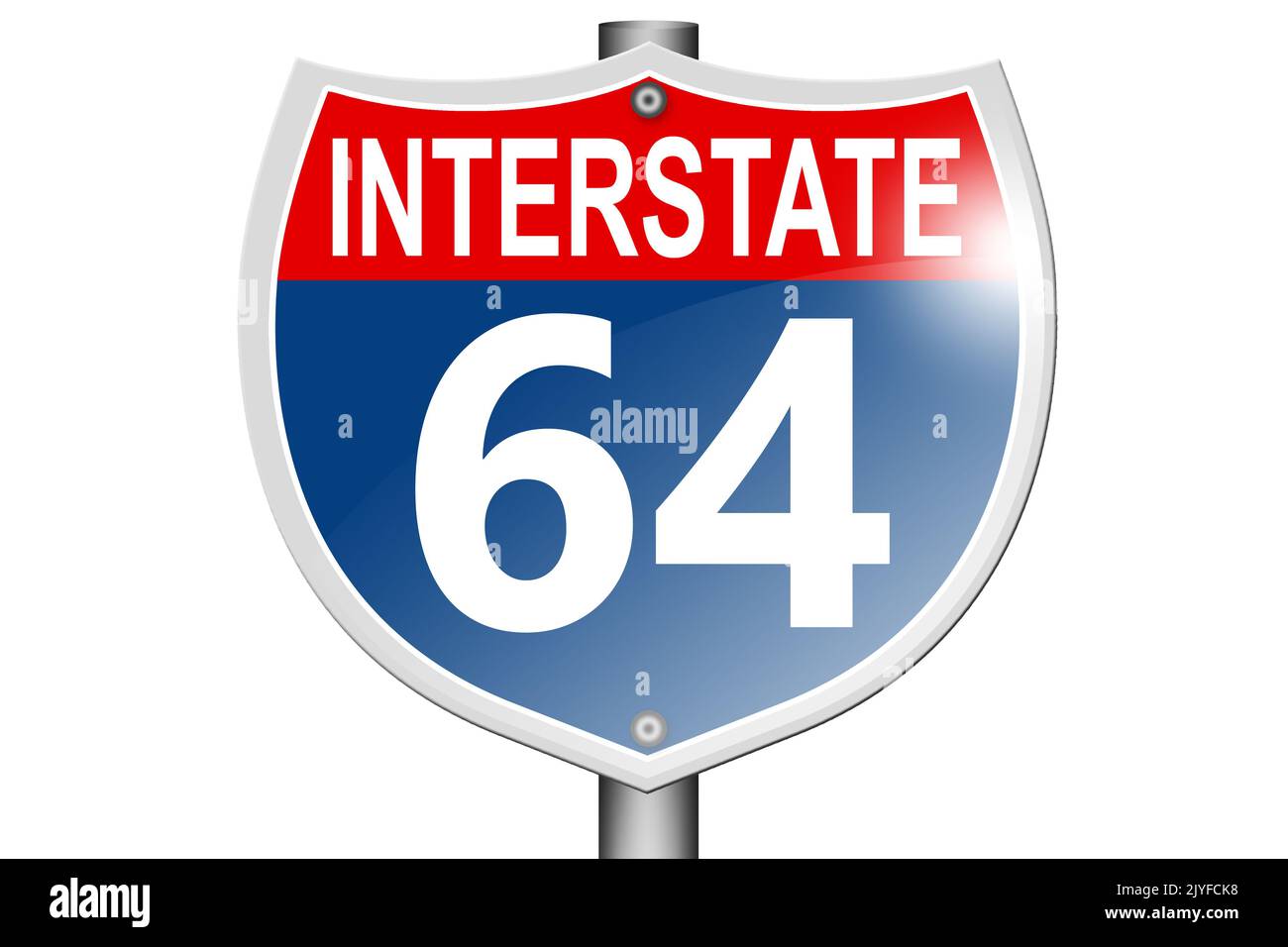 Panneau routier de l'Interstate Highway 64 isolé sur fond blanc, rendu 3D Banque D'Images