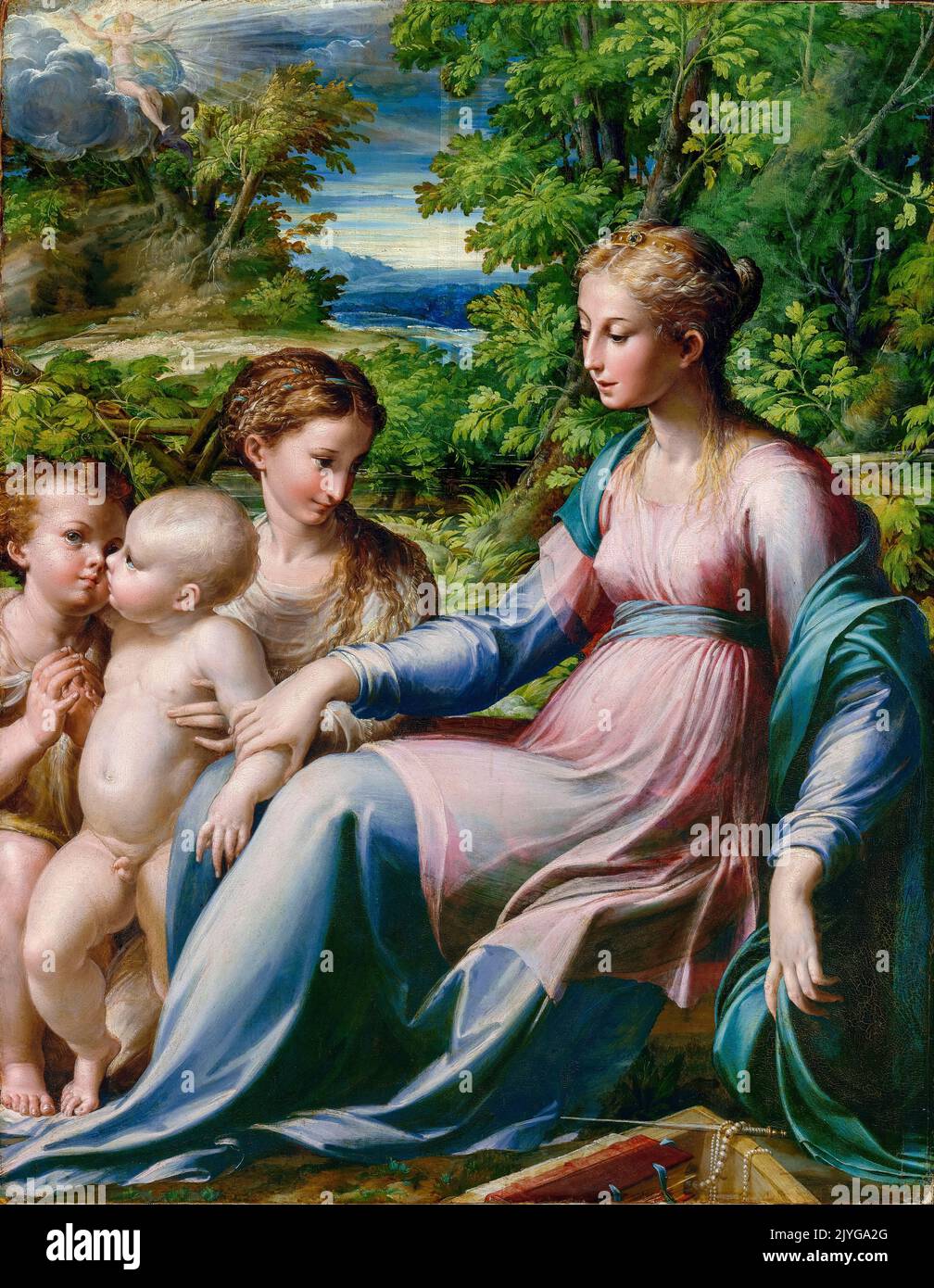 Girolamo Francesco Maria Mazzola a appelé Parmigianino, peinture, Vierge et enfant avec Saint Jean le Baptiste et Marie Magdalene, huile sur papier monté sur panneau, 1535-1540 Banque D'Images