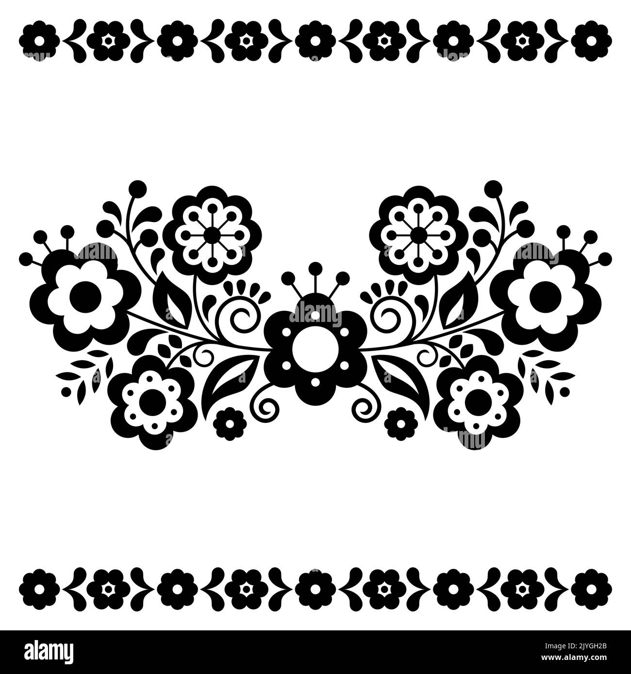 Carte de voeux à motif fleuri vectoriel de style art populaire mexicain sur motif d'invitation inspiré par la broderie traditionnelle en noir et blanc Illustration de Vecteur