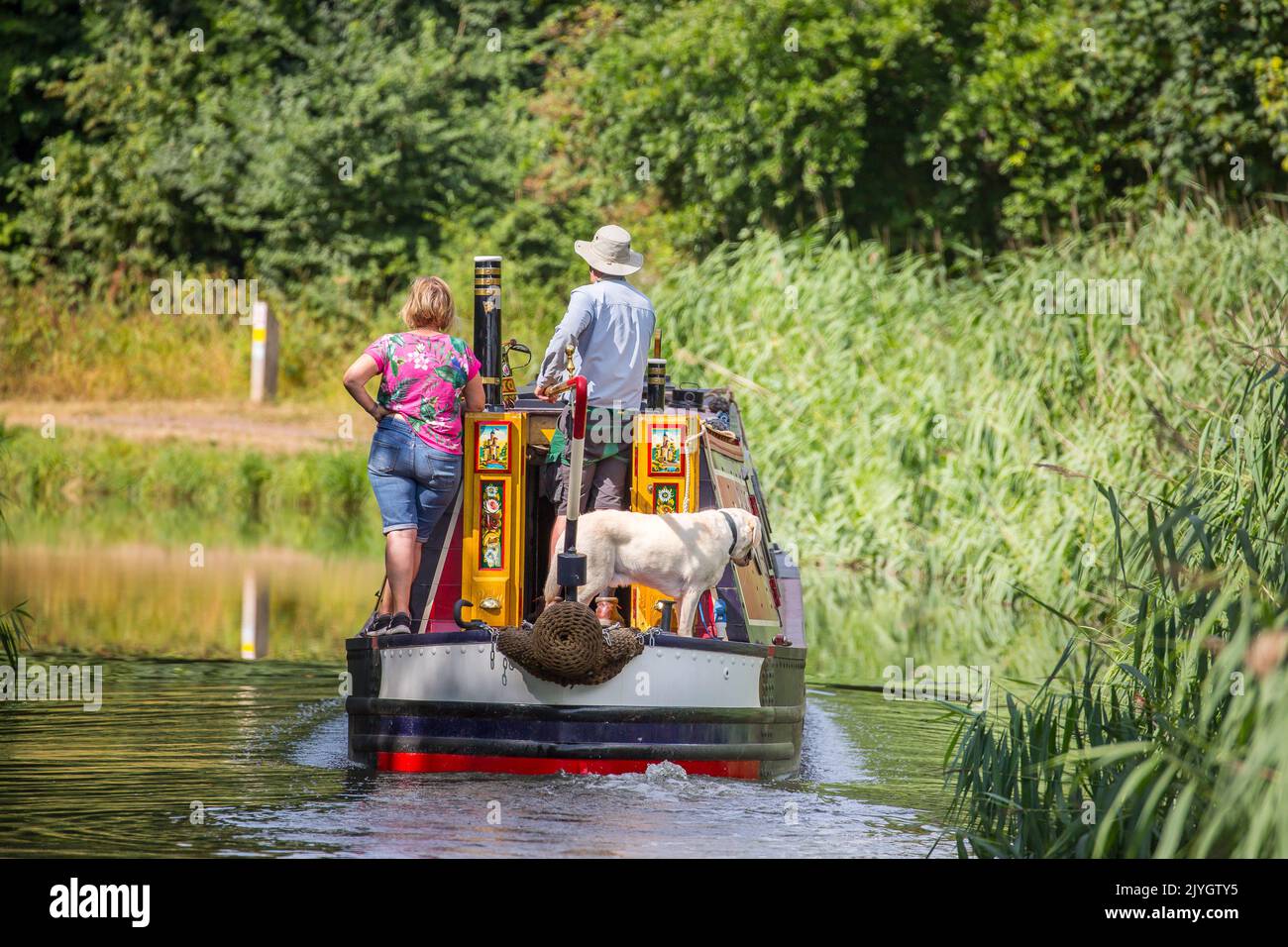 Vue arrière d'un couple et de leur chien à bord d'un bateau sur le canal pendant qu'ils se ruent sur le canal un jour d'été. Banque D'Images