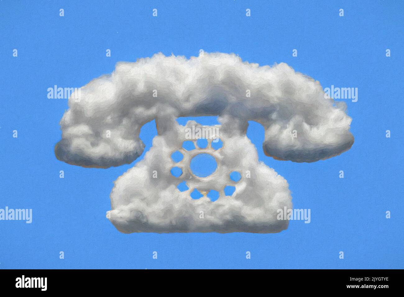 Un nuage qui ressemble à un vieux téléphone dans un ciel bleu. Peinture numérique Banque D'Images