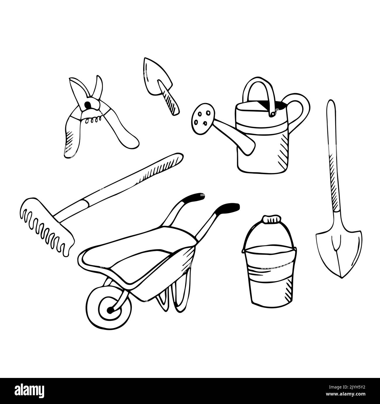 Ensemble de dessins animés style village de jardin. Bottes en caoutchouc, râteau et gants, sécateur à pelle. Chariot de jardin, arrosoir à chapeau, tuyau. Vecteur isolé tracé à la main illu Illustration de Vecteur Ensemble de dessins animés style village de jardin. Bottes en caoutchouc, râteau et gants, sécateur à pelle. Chariot de jardin, arrosoir à chapeau, tuyau. Vecteur isolé tracé à la main illu Illustration de Vecteur