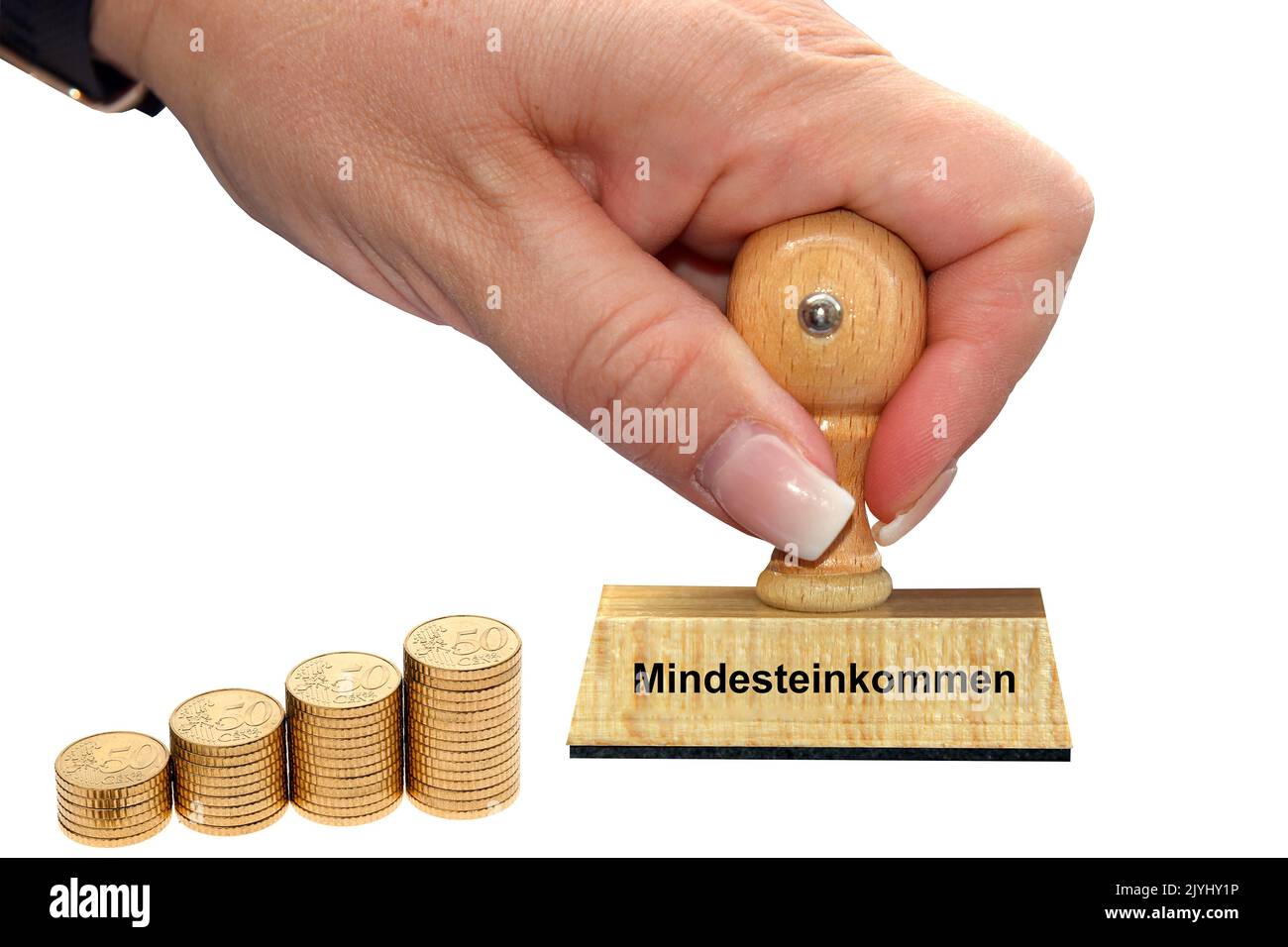 Main de femme avec cachet Mindesteinkommen, revenu minimum, découpé, Allemagne Banque D'Images