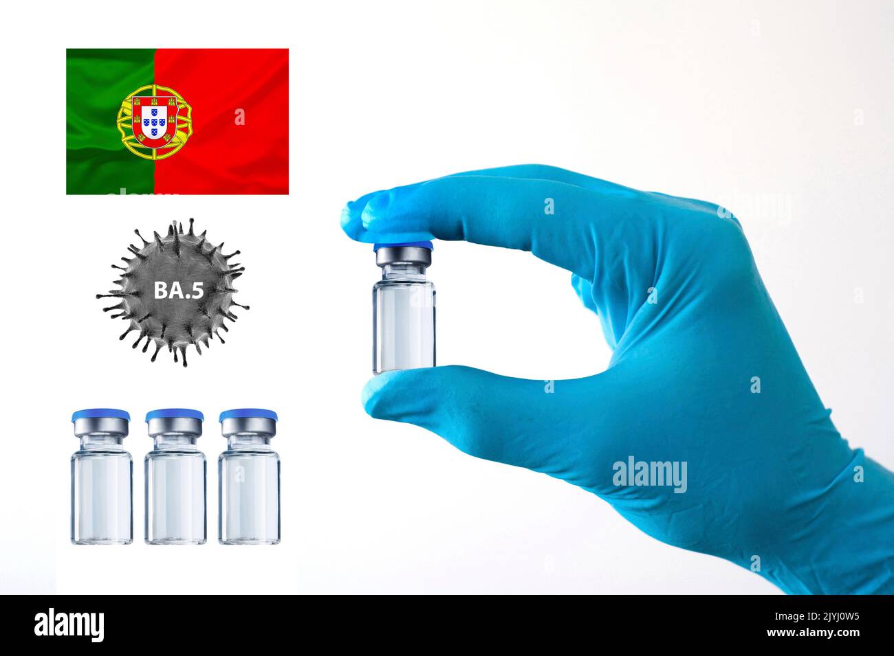 Main dans des gants tenant un verre avec vaccin contre Corona, variante BA.5 avec drapeau du Portugal, coupé Banque D'Images