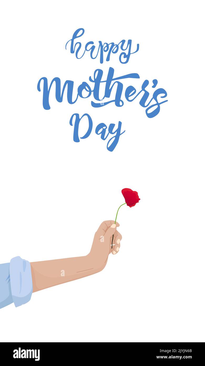 Carte de vœux de fête des mères. Main femelle tenant une fleur de pavot avec des lettres Happy Mother's day. Illustration de Vecteur