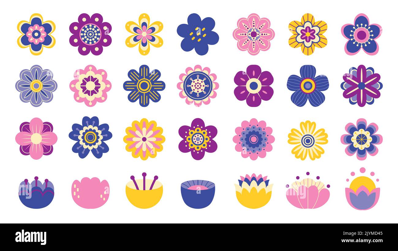 Clip art fleurs. Dessin animé mignon stylisé fleurs éléments ornementaux modèle graphique, girly enfants illustration. Autocollant de Marguerite vectorielle colorée et Illustration de Vecteur