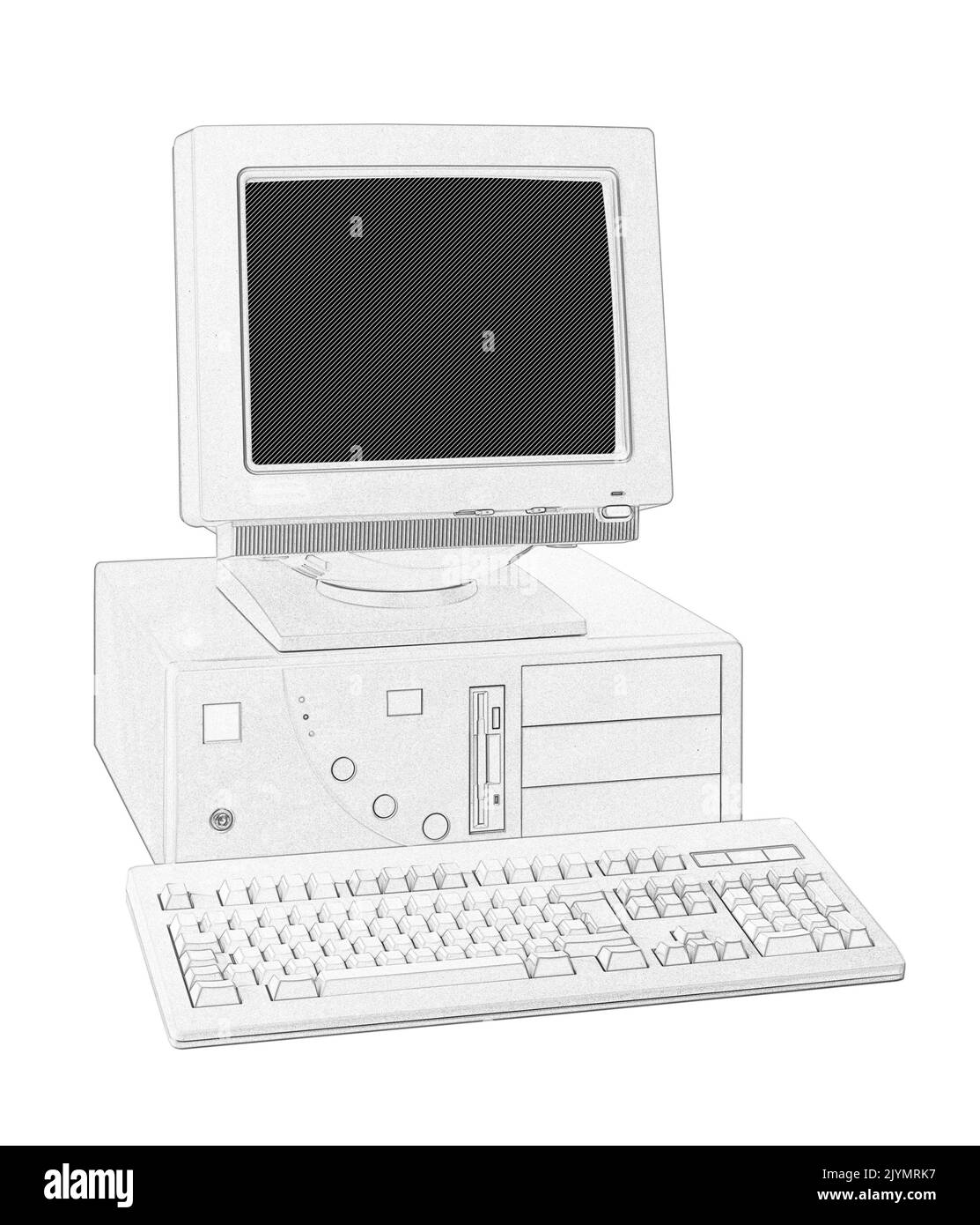 Illustration esquisse d'un ordinateur tour Nineties obsolète Banque D'Images