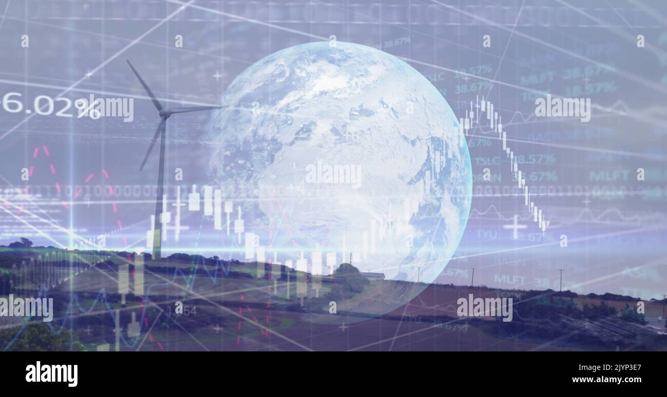 Image d'un réseau de connexions et de traitement de l'information sur le parc éolien et le monde entier Banque D'Images
