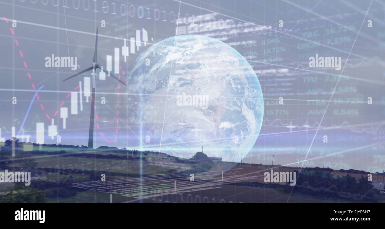 Image d'un réseau de connexions et de traitement de l'information sur le parc éolien et le monde entier Banque D'Images