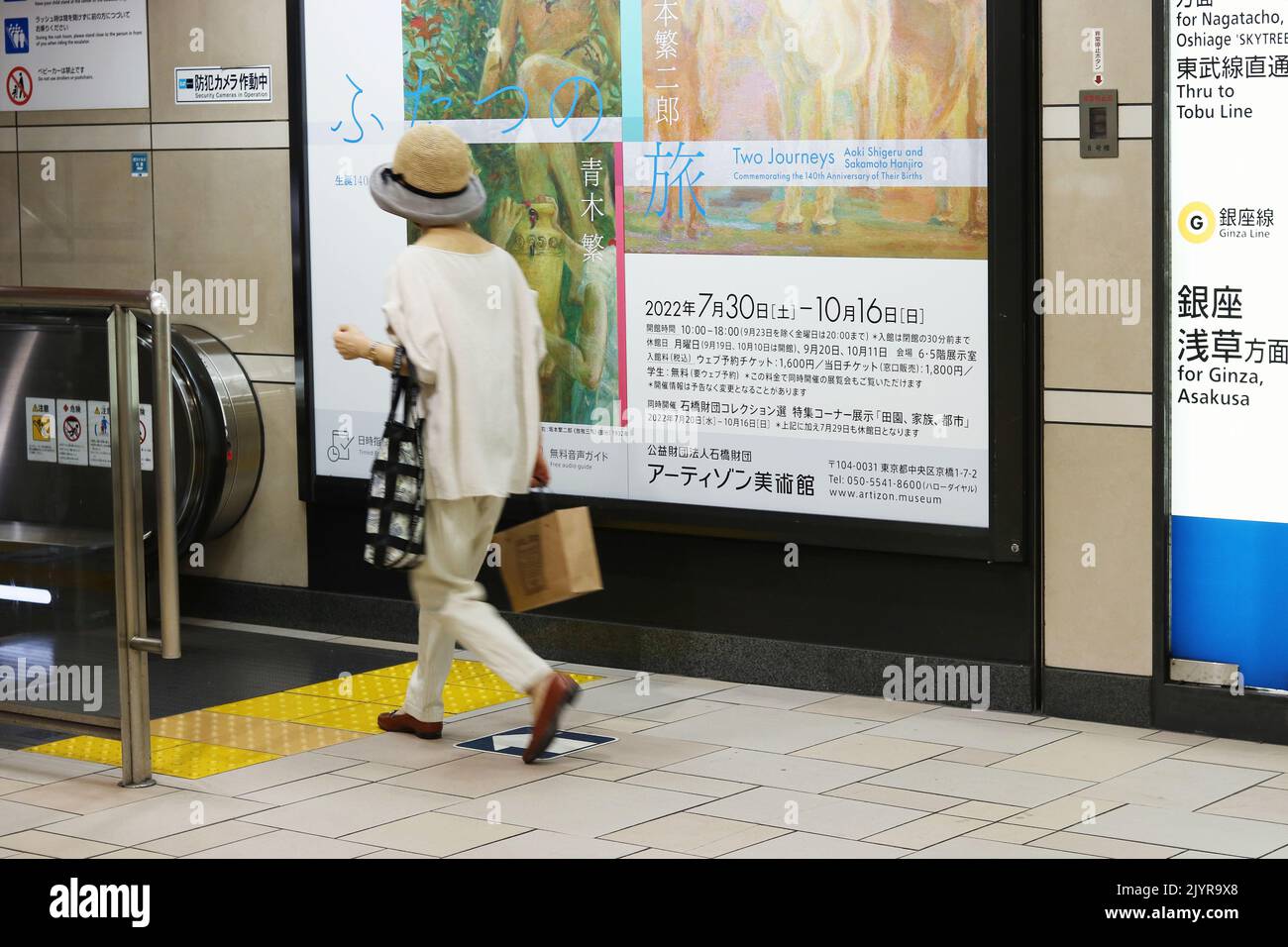 TOKYO, JAPON - 25 août 2022 : station de métro de Tokyo avec une affiche publicitaire au musée d'art Artizon. Un flou de mouvement. Banque D'Images TOKYO, JAPON - 25 août 2022 : station de métro de Tokyo avec une affiche publicitaire au musée d'art Artizon. Un flou de mouvement. Banque D'Images