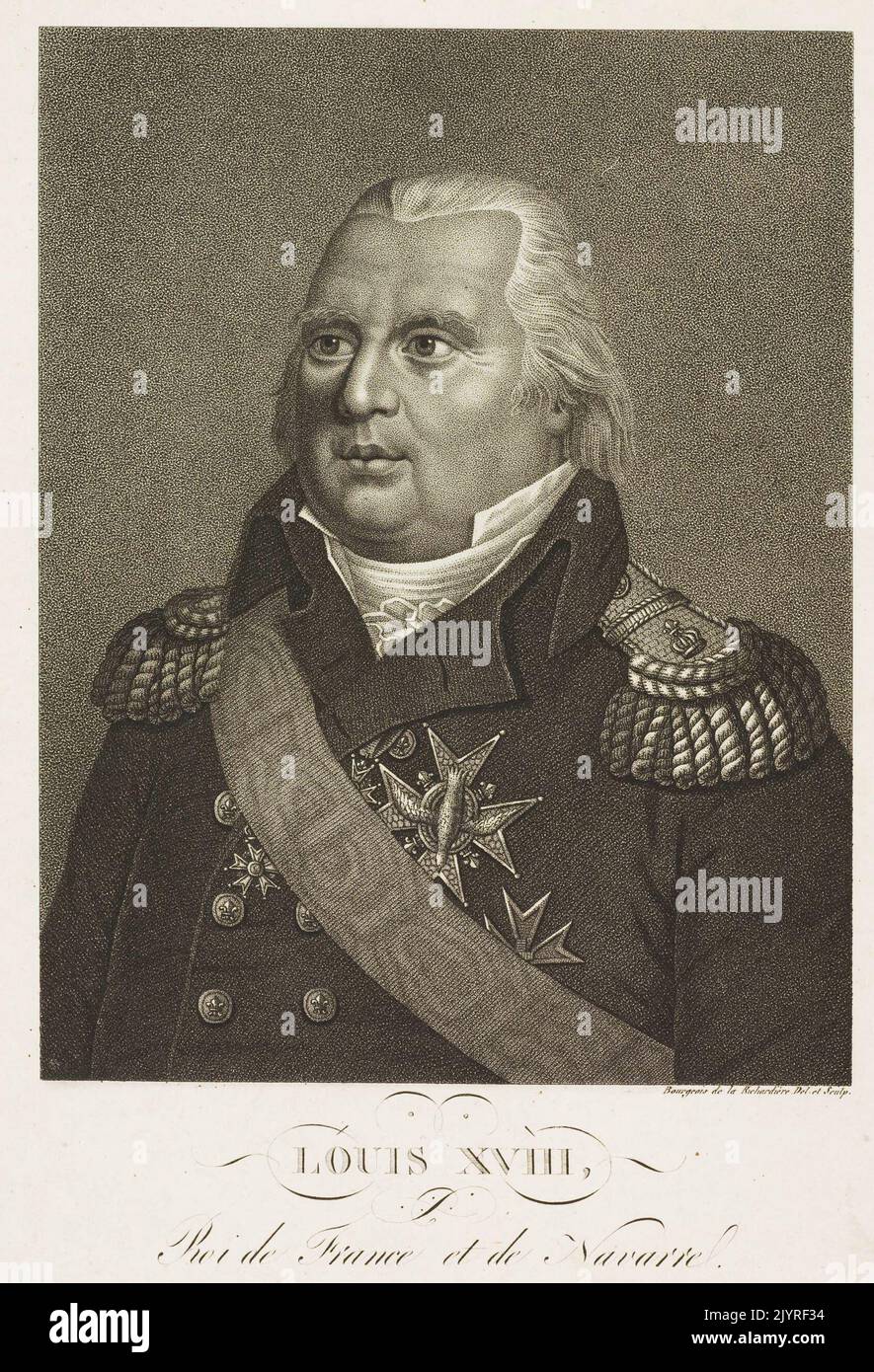 Louis XVIII (1755-1824) fut roi de France de 1814 à 1824, sauf pendant les cent jours de Napoléon en 1815. Il restaure la monarchie des Bourbons après la chute de Napoléon, statuant en tant que monarque constitutionnel en vertu de la Charte de 1814, qui établit une législature bicamérale et des libertés civiles. Banque D'Images